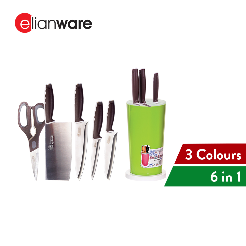 Elianware 6 in 1 Stainless Steel Kitchen Knife Pisau Set Scissors with Knife Holder