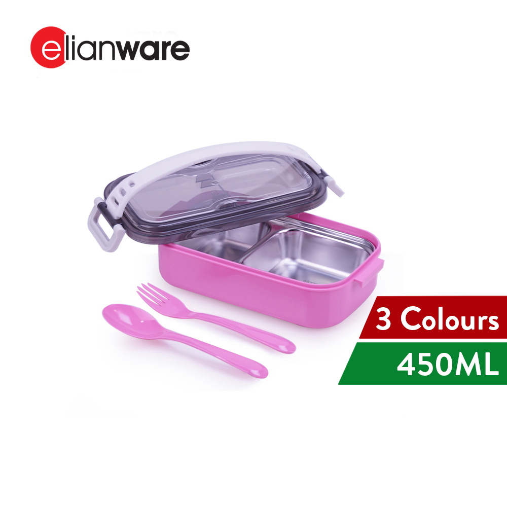 Elianware Two Compartment 304 Stainless Steel Handle Lunch Box Bento Microwaveable Food Container with Fork & Spoon