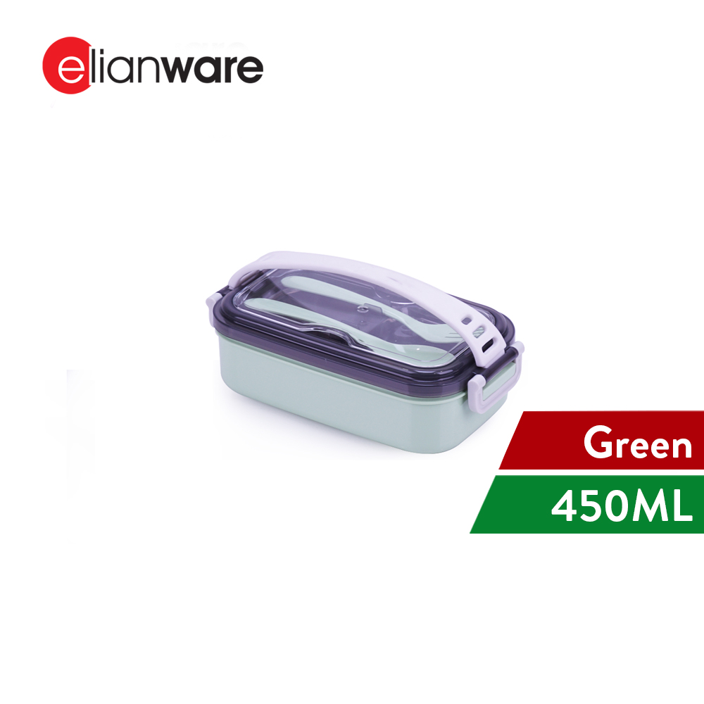 Elianware Two Compartment 304 Stainless Steel Handle Lunch Box Bento Microwaveable Food Container with Fork & Spoon