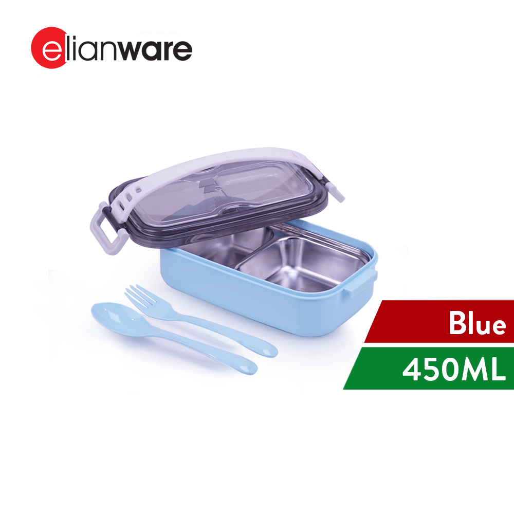 Elianware Two Compartment 304 Stainless Steel Handle Lunch Box Bento Microwaveable Food Container with Fork & Spoon