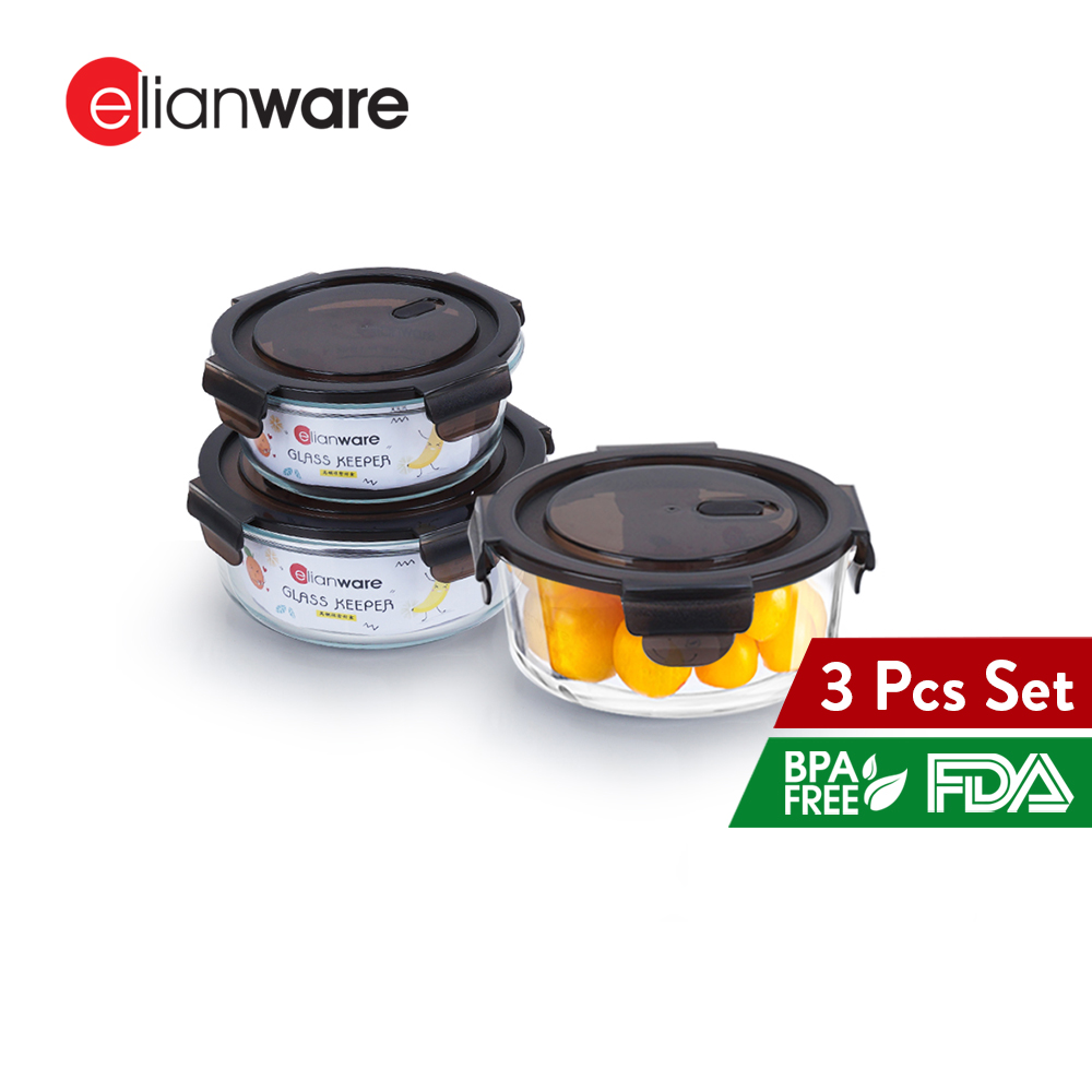 Elianware (1pc/3pcs) Round Airtight Borosilicate Glasslock Keeper Multipurpose Food Storage Lunch Box