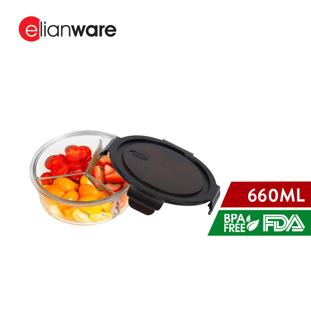 Elianware Round Airtight Borosilicate Glasslock Keeper [ with Compartment ] Multipurpose Food Storage Lunch Box