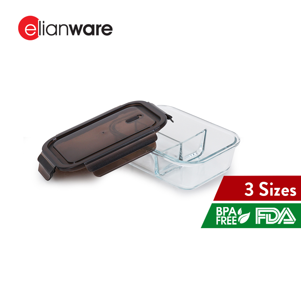 Elianware Rectangular Airtight Borosilicate Glasslock Keeper [ with Compartment ] Multipurpose Food Storage Lunch Box