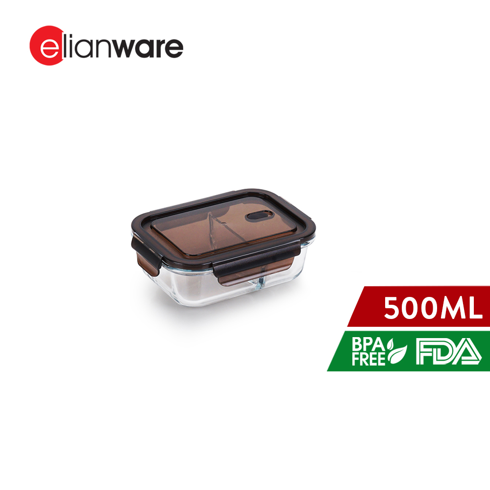 Elianware Rectangular Airtight Borosilicate Glasslock Keeper [ with Compartment ] Multipurpose Food Storage Lunch Box