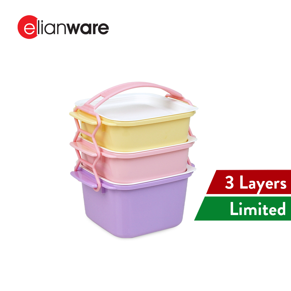 Elianware 2/3/4 Layer Tier Microwaveable [BPA FREE] Square Tiffin Food Carrier Lunch Box with Cariolier