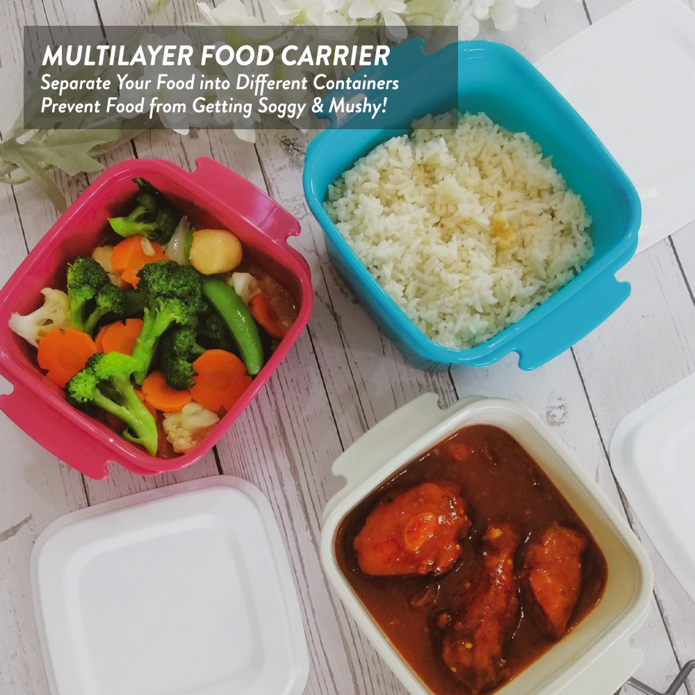 Elianware 2/3/4 Layer Tier Microwaveable [BPA FREE] Square Tiffin Food Carrier Lunch Box with Cariolier
