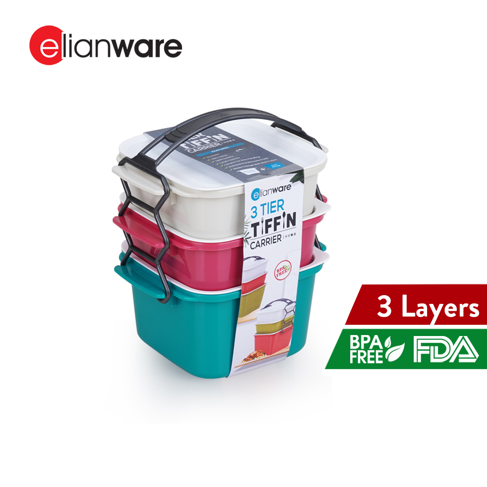 Elianware 2/3/4 Layer Tier Microwaveable [BPA FREE] Square Tiffin Food Carrier Lunch Box with Cariolier