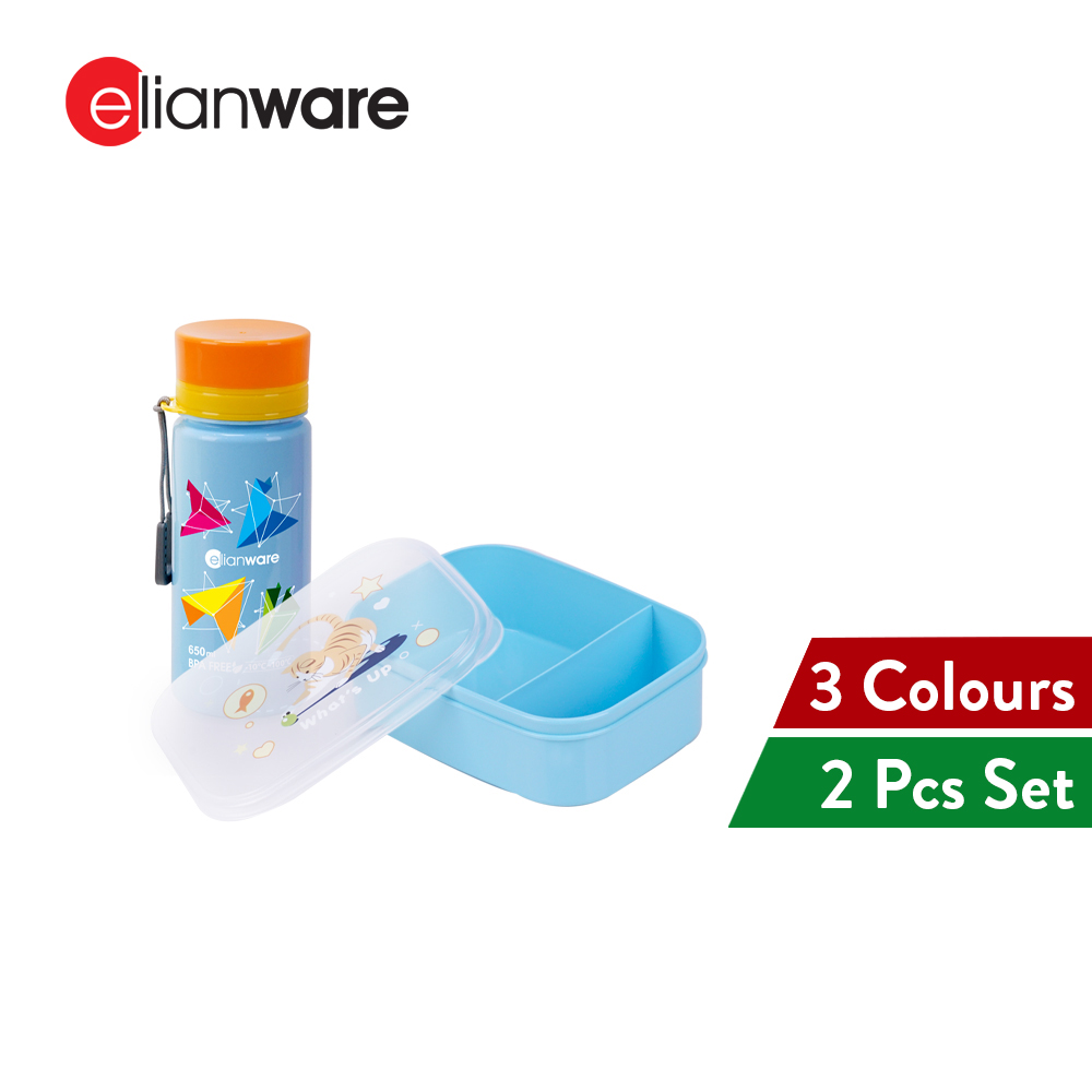 Elianware 1PC/SET Microwaveable Kids School Bento Lunch Box with Strap Water Bottle (650ml)