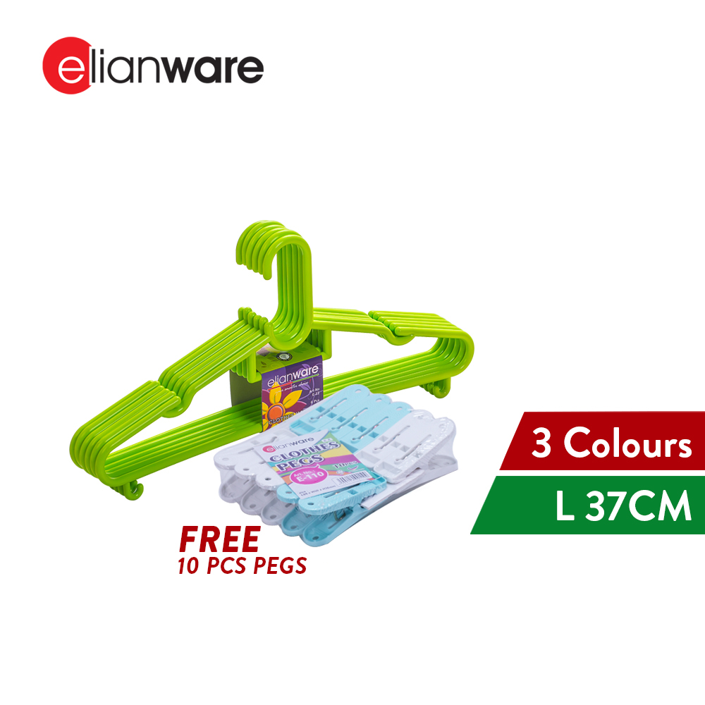 Elianware 6Pcs Value-Pack Durable Clothes Hanger [ FREE 10Pcs Pegs ] Penyangkut Baju