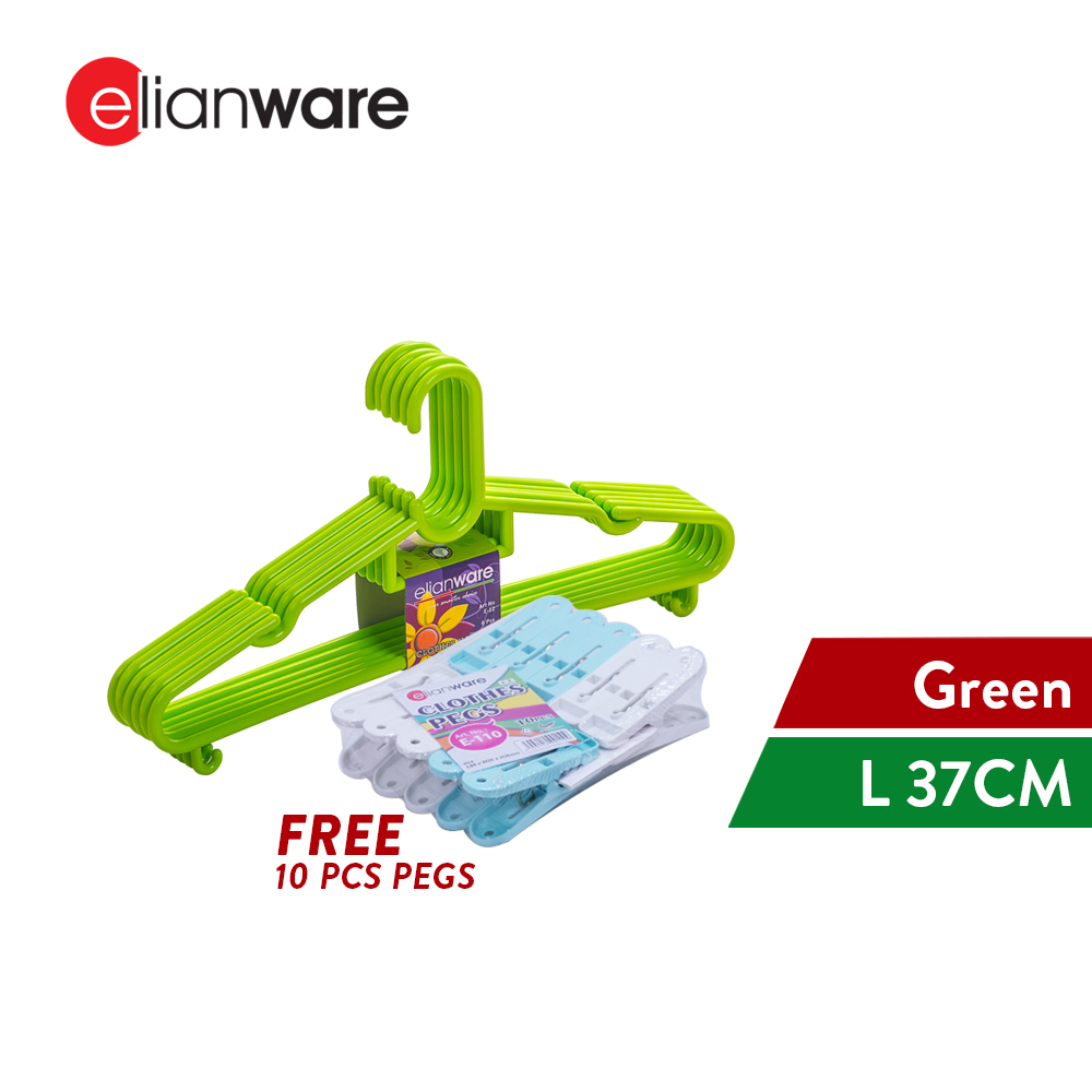 Elianware 6Pcs Value-Pack Durable Clothes Hanger [ FREE 10Pcs Pegs ] Penyangkut Baju