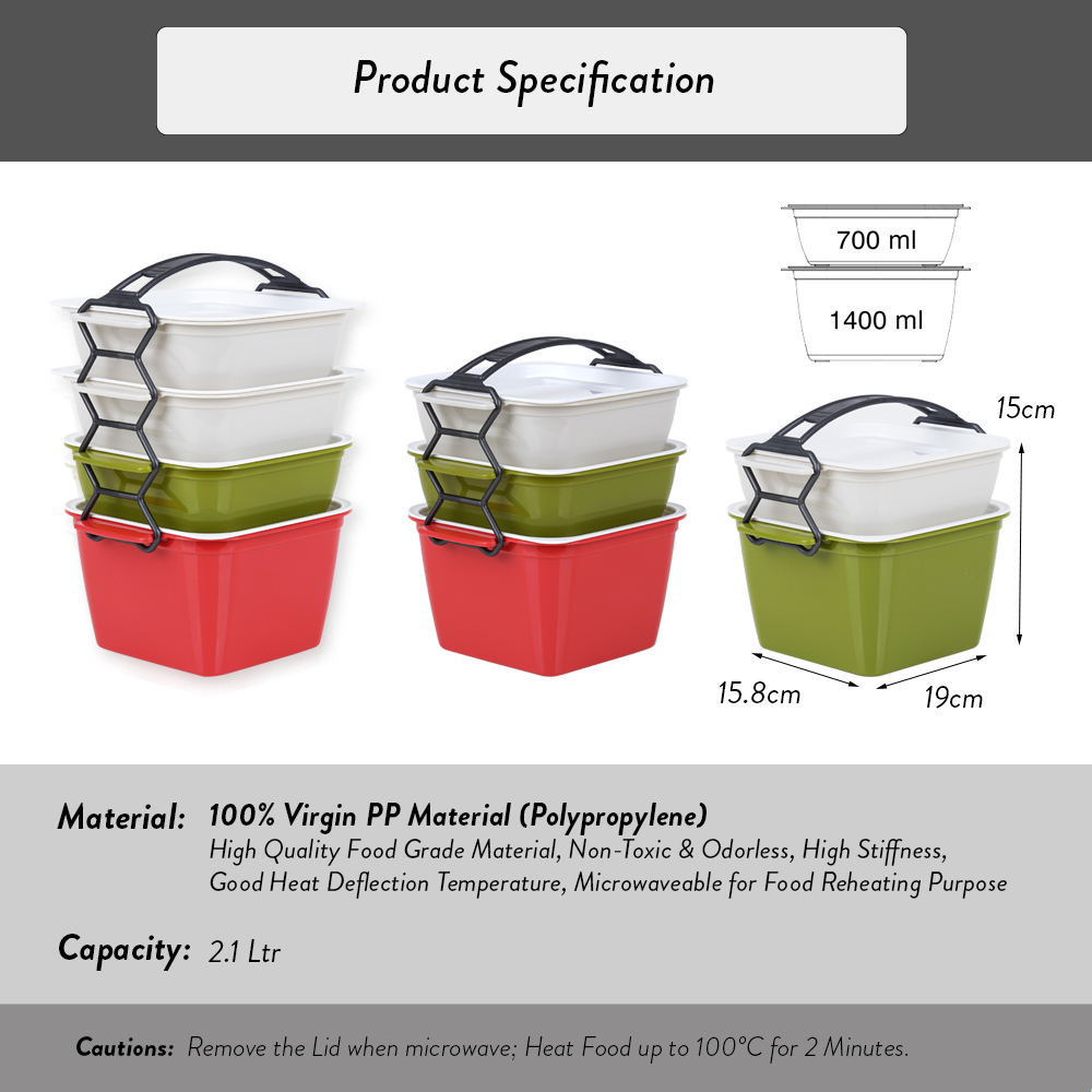 [Carton Deals] Elianware 3 Layer Tier Microwaveable [BPA FREE] Square Tiffin Food Carrier Lunch Box with Cariolier (3Layer x 24Pcs)