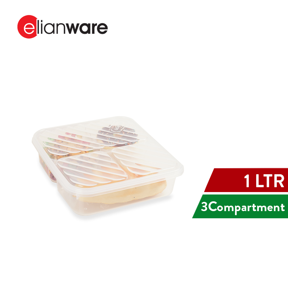Elianware 1Ltr 3 Compartments Bento Lunch Box Microwavable Food Container