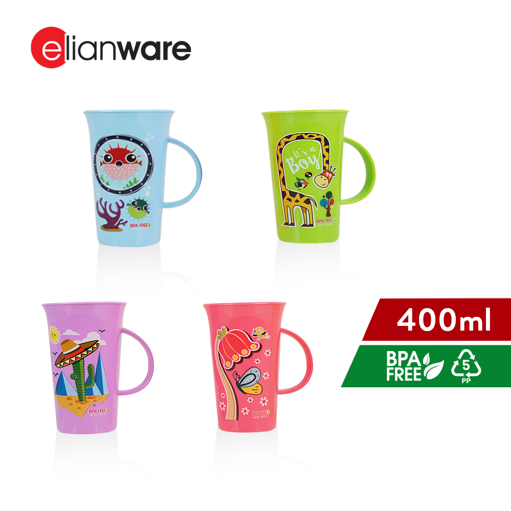Elianware BPA Free 400ML Unbreakable Cute Plastic Cup Mug Colourful Cawan