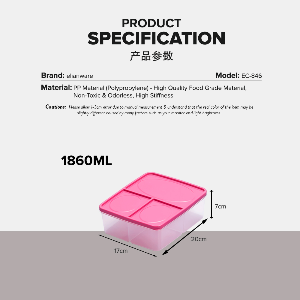 Elianware 1860ML 3 Compartments Microwavable Lunch Box Food Container Preparation with Spoon & Fork Big Capacity Bento