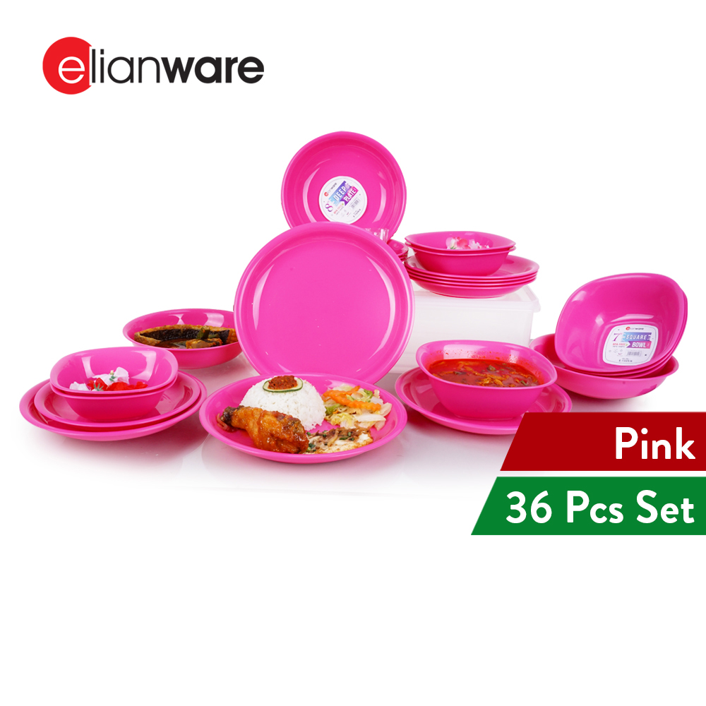 Elianware 36 Pcs Colourful Tableware Dining Dinnerware Rice Deep Plate & Square Bowl Set