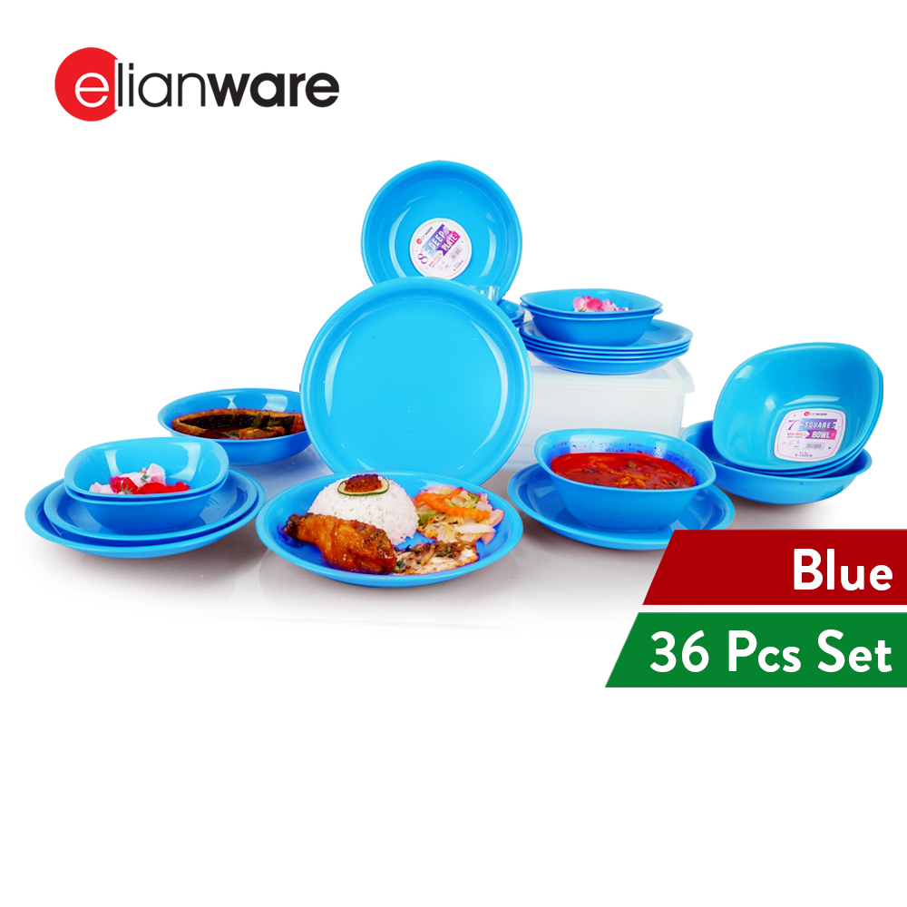 Elianware 36 Pcs Colourful Tableware Dining Dinnerware Rice Deep Plate & Square Bowl Set