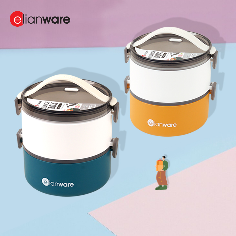 Elianware 1/2 Layers Bento Lunch Box Round Modern Airtight Soup Bekas Makanan with Handle
