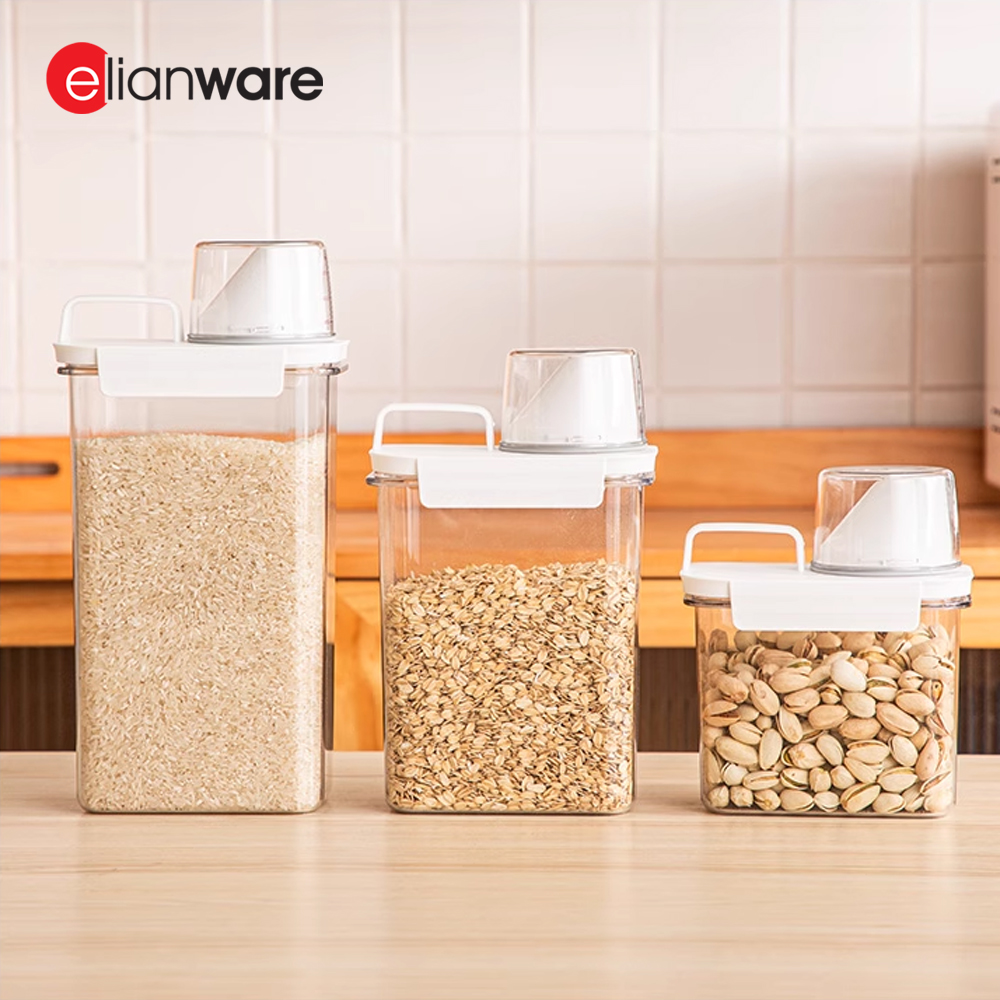 Elianware Laundry Detergent Airtight Cereal Dispenser Bekas Makanan Beras Food Container with Measurement Cup