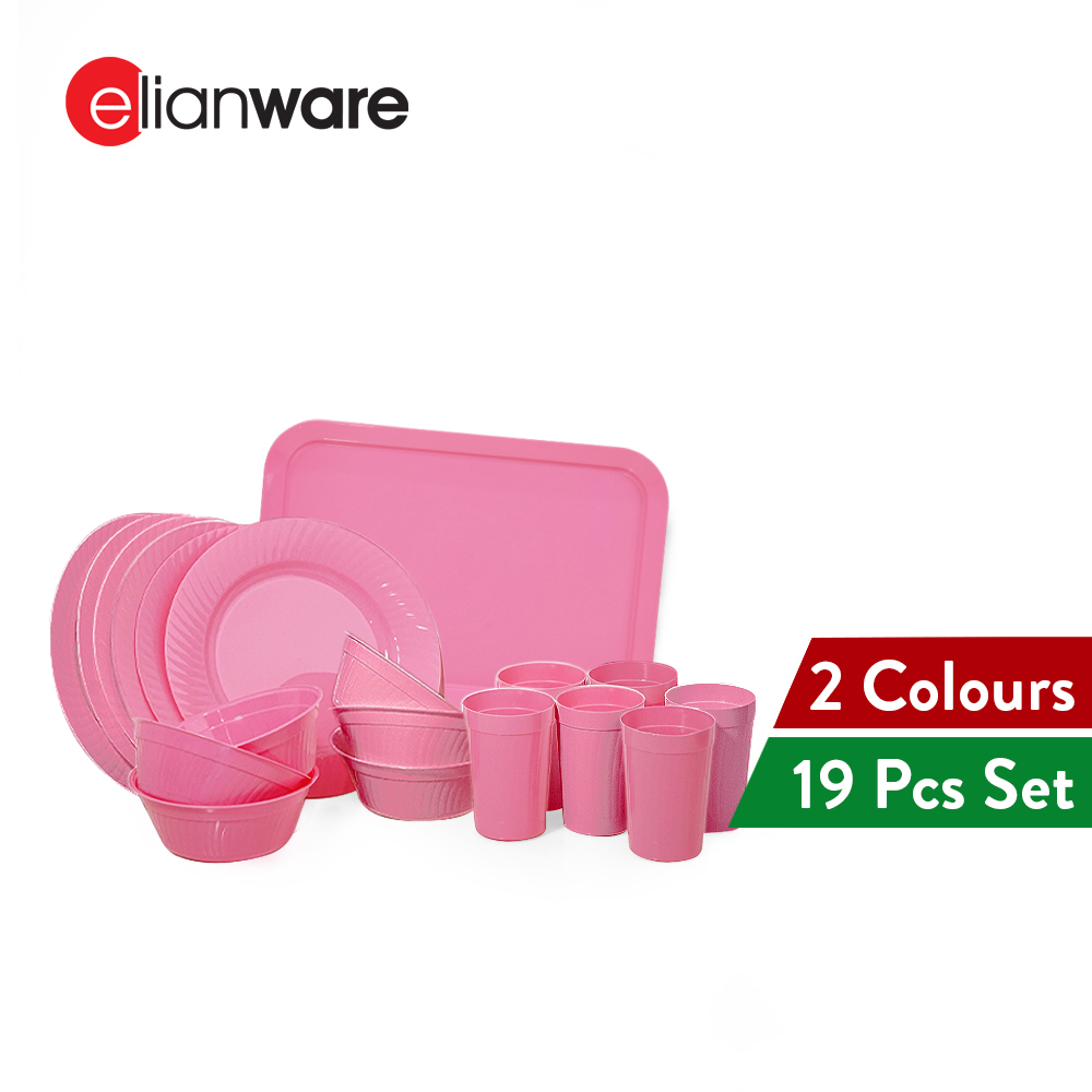 Elianware 19PCS Potluck Picnic Party Pinggan Mangkuk Set Dining Plate Bowl with Cup