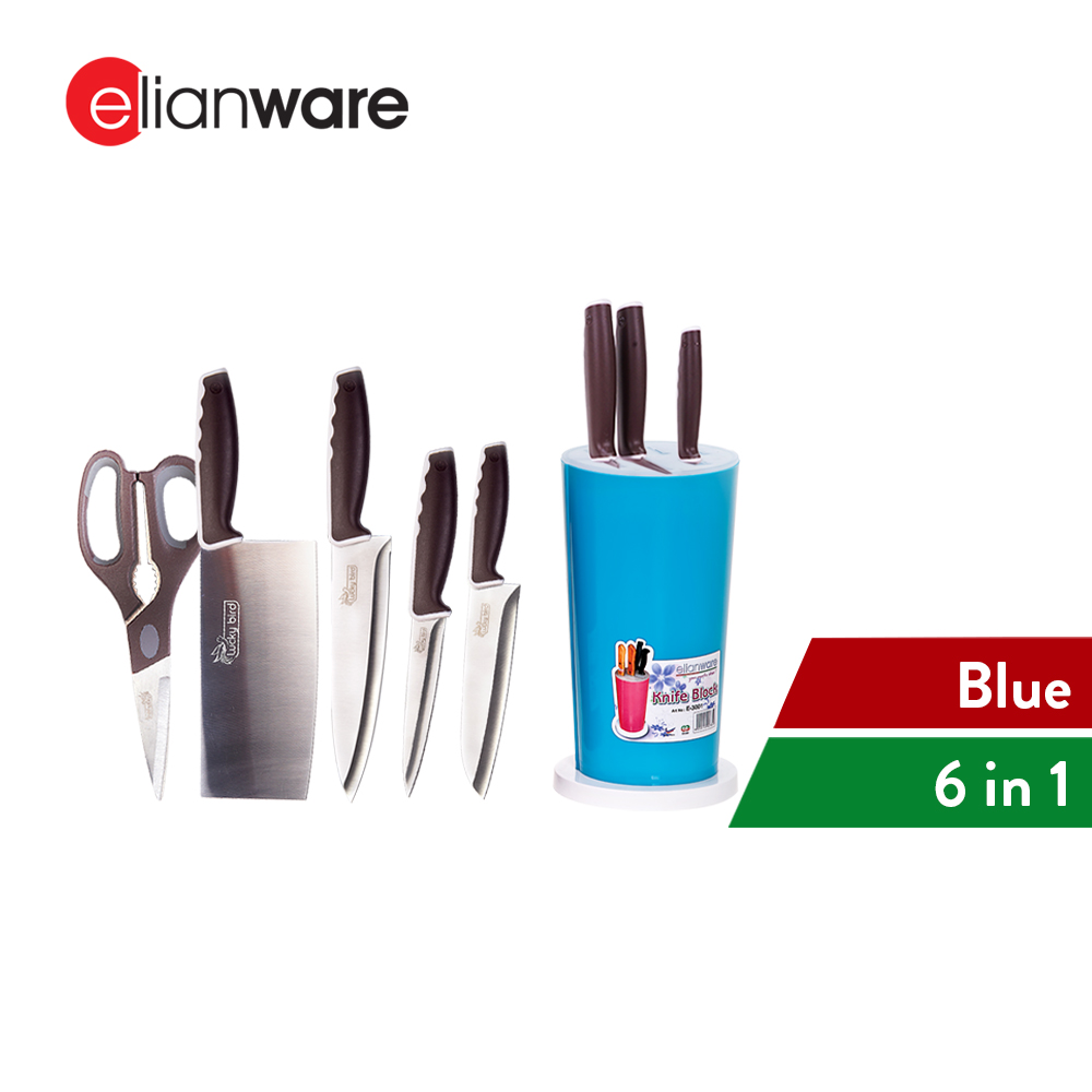 Elianware 6 in 1 Stainless Steel Kitchen Knife Pisau Set Scissors with Knife Holder