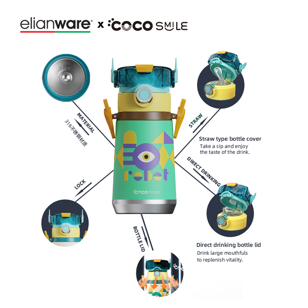 Elianware x Cocosmile Robot Straw Cup Insulated Bottle with Strap 500ML