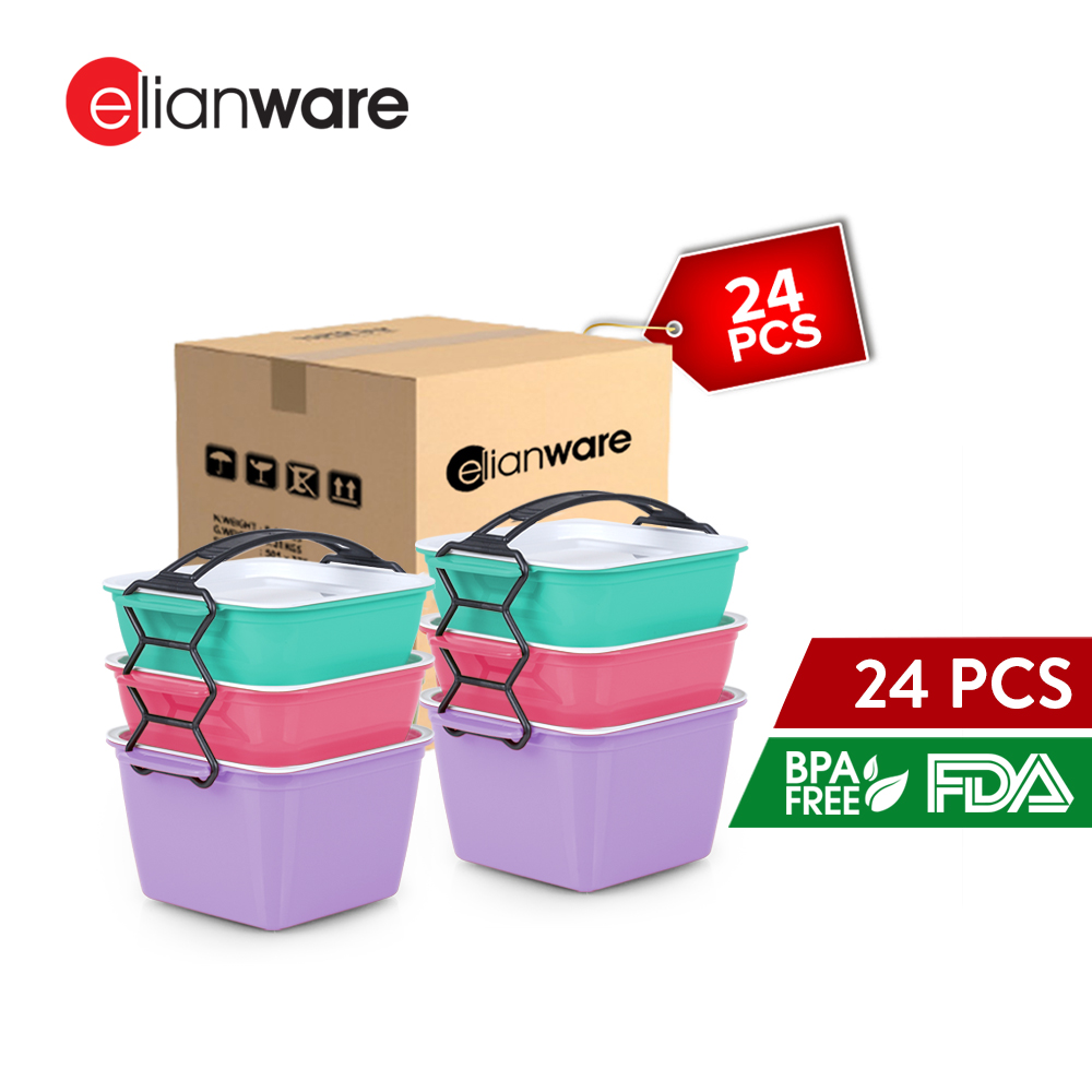 [Carton Deals] Elianware 3 Layer Tier Microwaveable [BPA FREE] Square Tiffin Food Carrier Lunch Box with Cariolier (3Layer x 24Pcs)