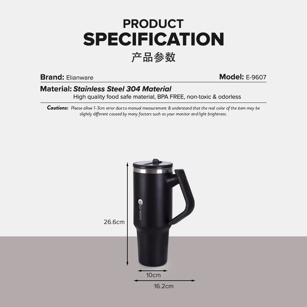 Elianware 1200ML 304 Stainless Steel Vaccum Insulated Flask Straw Tumbler Coffee Mug