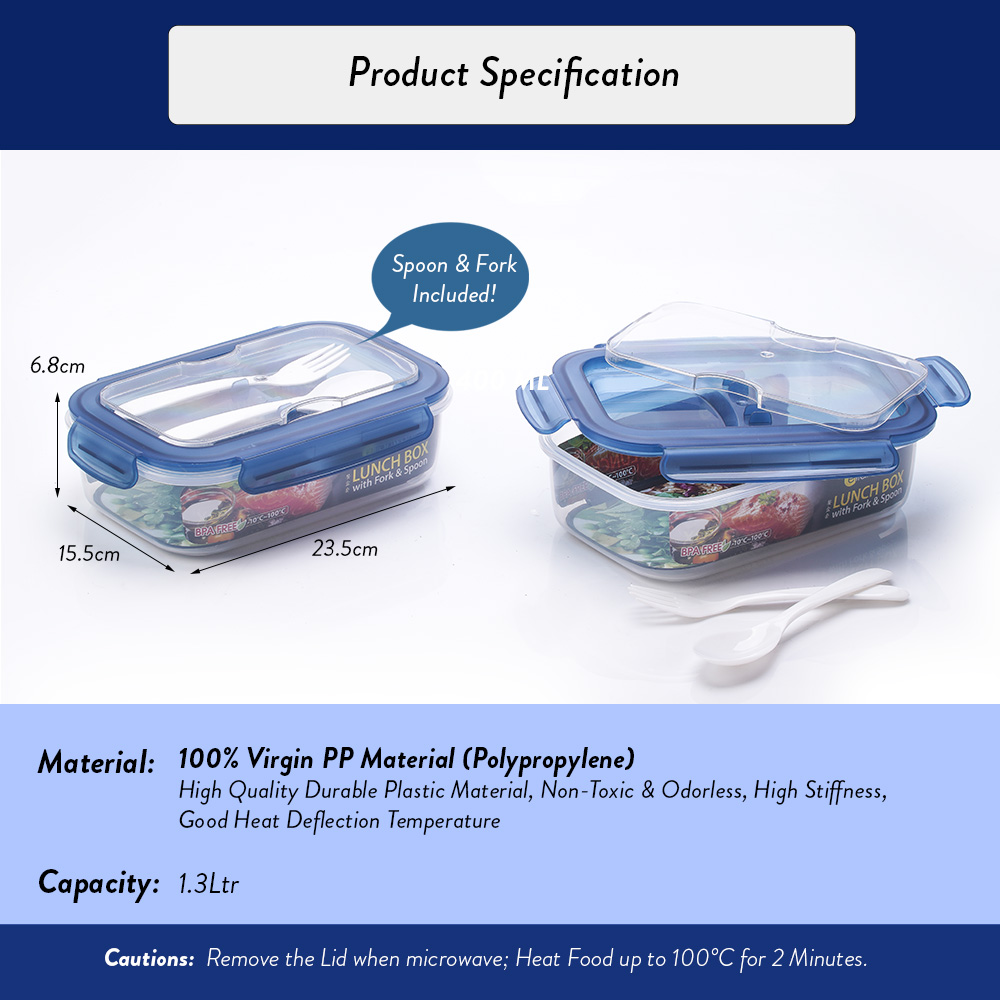 [Carton Deal] Elianware Ezy-Lock Acrylic Microwavable Anti-Leak Lunch Box Food Container with Fork & Spoon (1.3L x 48pcs)