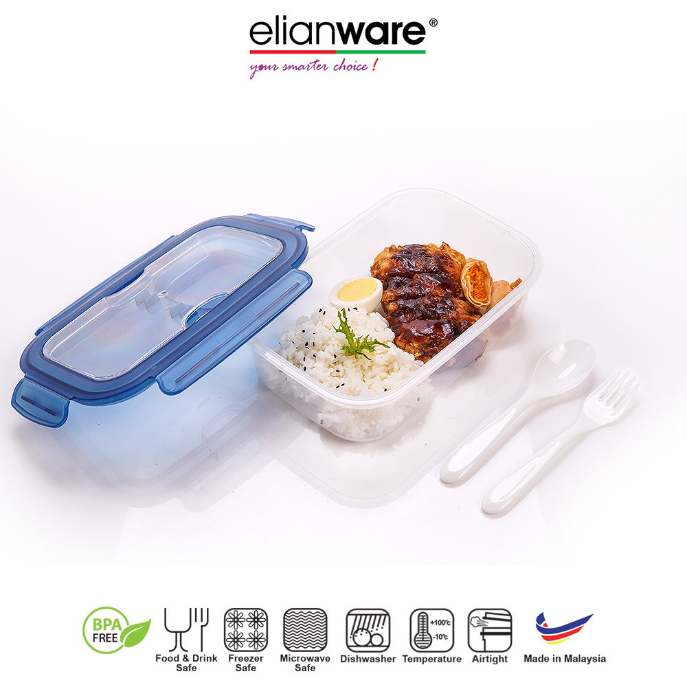 [Carton Deal] Elianware Ezy-Lock Acrylic Microwavable Anti-Leak Lunch Box Food Container with Fork & Spoon (1.3L x 48pcs)