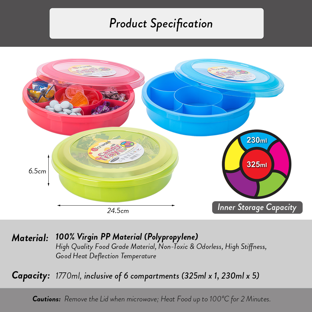 [Carton Deal] Elianware 1770ml BPA FREE Candy Tray (6 Compartments)72Pcs-Customization