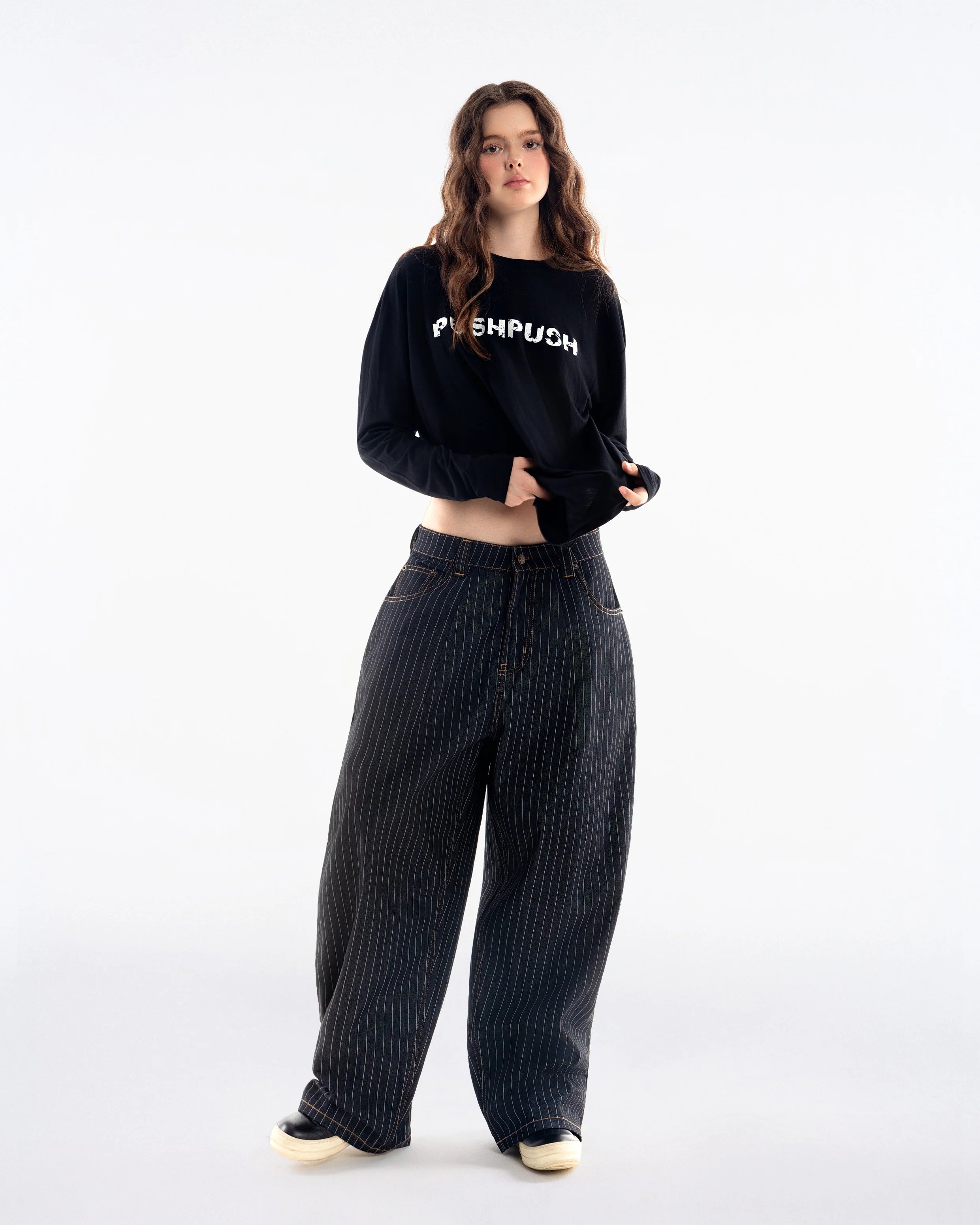 【正規品】PushPush STRIPED PANTS ブラック　Mサイズ PP STRIPED PANTS