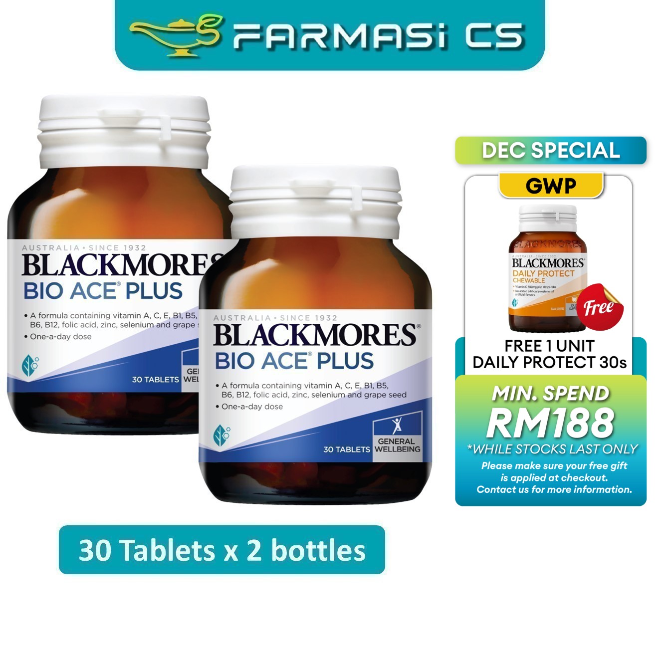 PROMO Blackmores Bio Ace Plus 30 Tablets x 2 Bottles (TWIN) EXP:07/2026 [ VItamin A, C, E, grape see