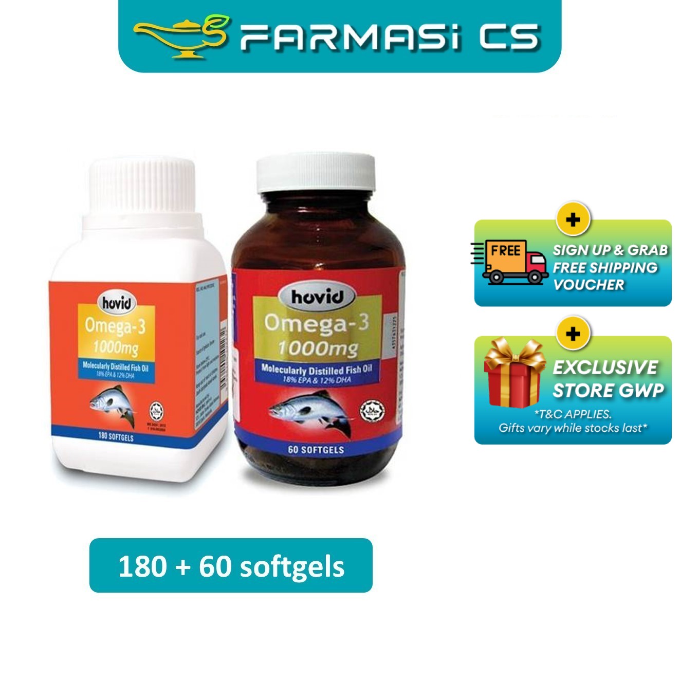 HOVID Omega-3 1000mg 180s + 60s Fish Oil / Omega 3 [ FARMASI CS ]