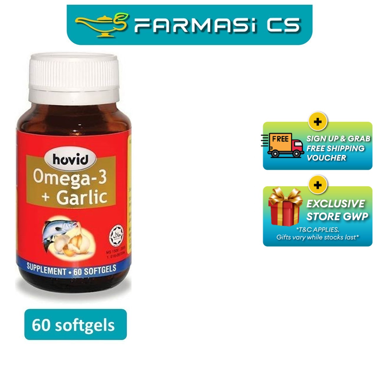 Hovid Omega -3 + Garlic 60 Softgels EXP:10/2028 [ FARMASI CS ]