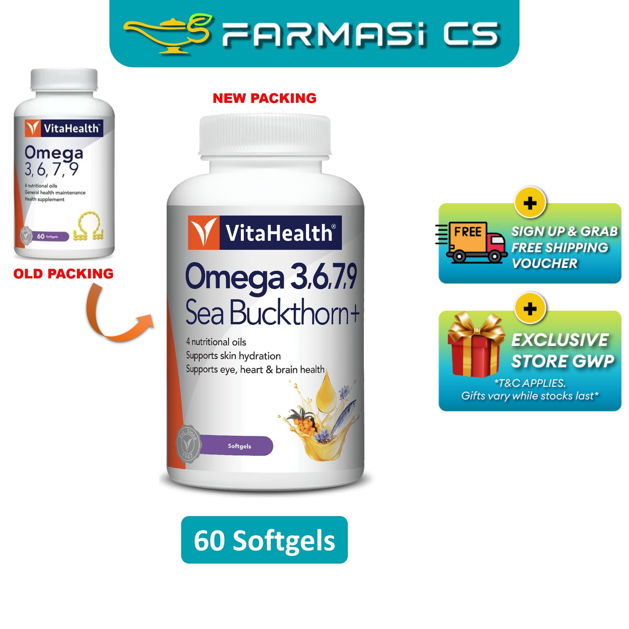 Vitahealth Omega 3,6,7,9 Sea Buckthorn+ 60 Softgels EXP:10/2028 [ Vita Health Omega- 3 3679 Farmasi 