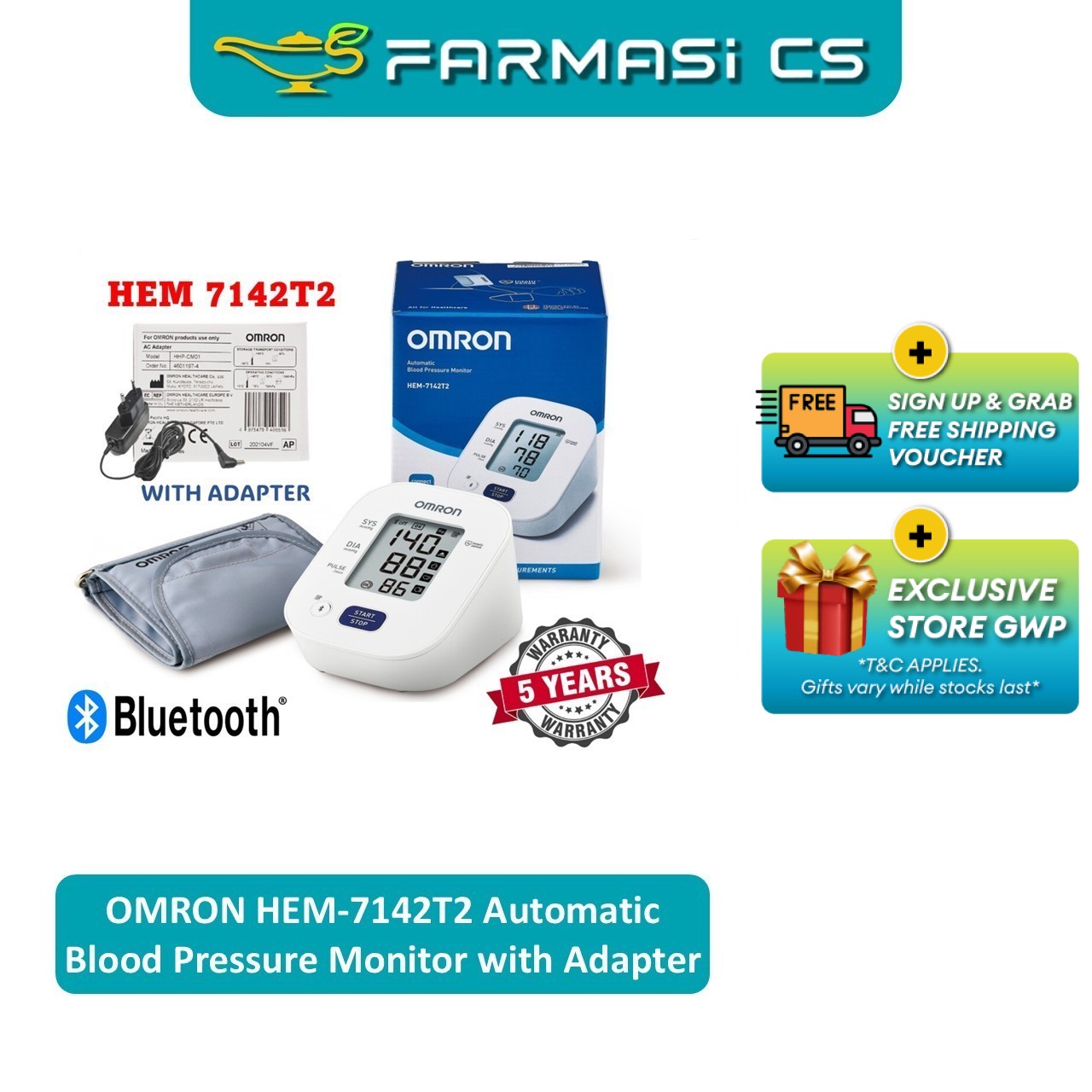 OMRON HEM-7142T2 Automatic Blood Pressure Monitor with Adapter [ 5 Year Warranty, Bluetooth ]
