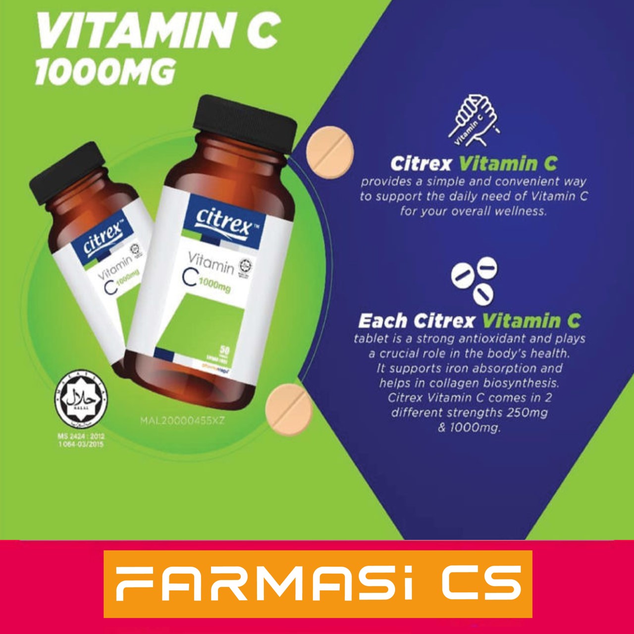 Citrex Vitamin C 1000mg 50 Tablets x 2 Bottles EXP:02/2025 [ sugar free, vit c, chewable, orange flavour ]