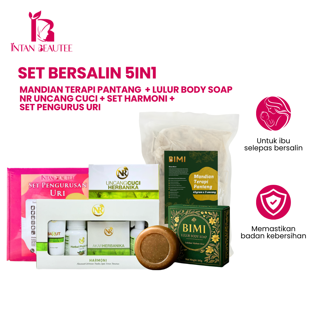 (COMBO PANTANG) NR HARMONI SET + NR UNCANG CUCI + INTAN BEAUTEE SET URI + BIMI SABUN LULUR + MANDIAN
