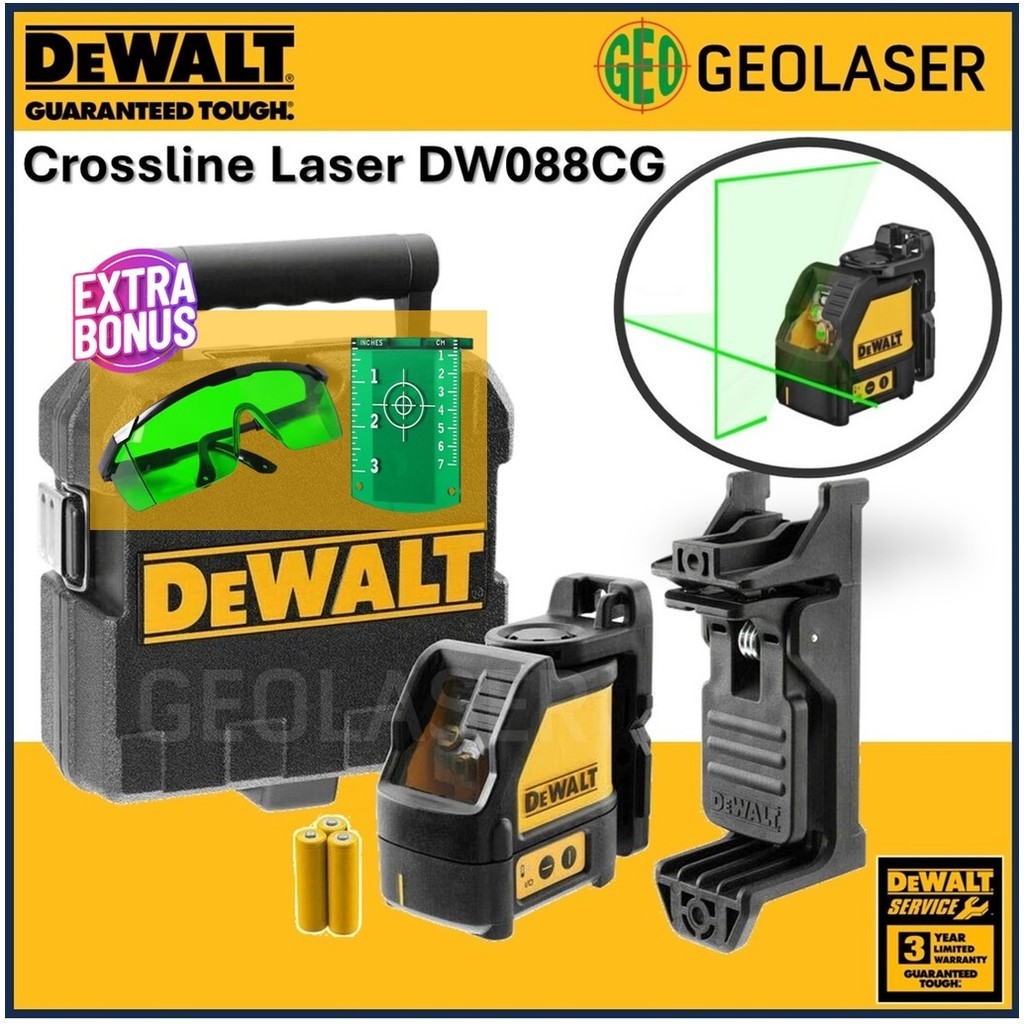 GEOLASER | DeWalt DW088CG Cross Line Green Laser With Wall Pivot Bracket & Hard Case