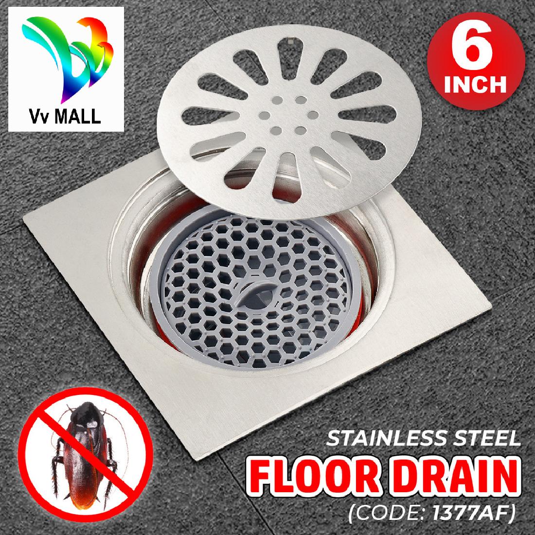 [6inch x 6inch] STAINLESS STEEL FLOOR GRATING trap drainer Cover with filter Anti-Cockroach (1377AF)