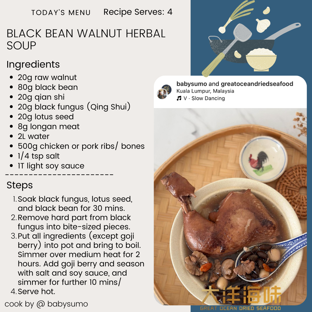 English recipe card for black bean, walnut and gorgon seed soup|核桃芡实黑豆汤英文食谱