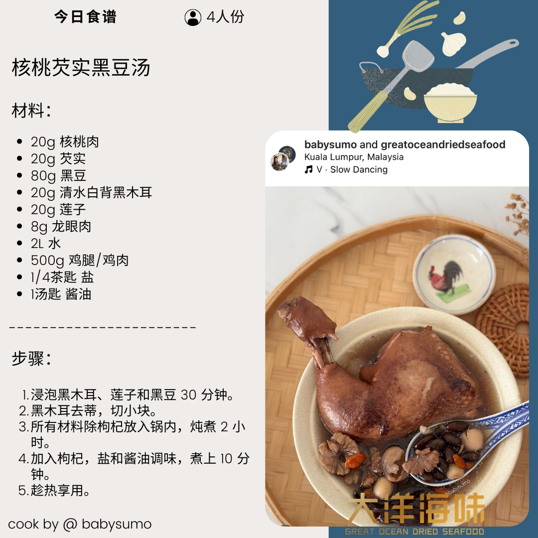Chinese recipe card for black bean, walnut and gorgon seed soup|核桃芡实黑豆汤中文食谱