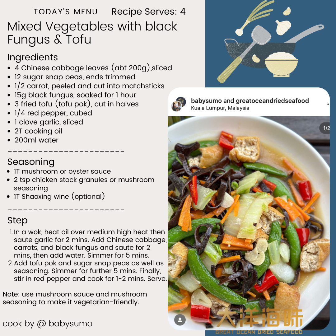 English recipe card for mixed vegetables with black fungus and tofu|黑木耳豆腐卜杂菜英文食谱