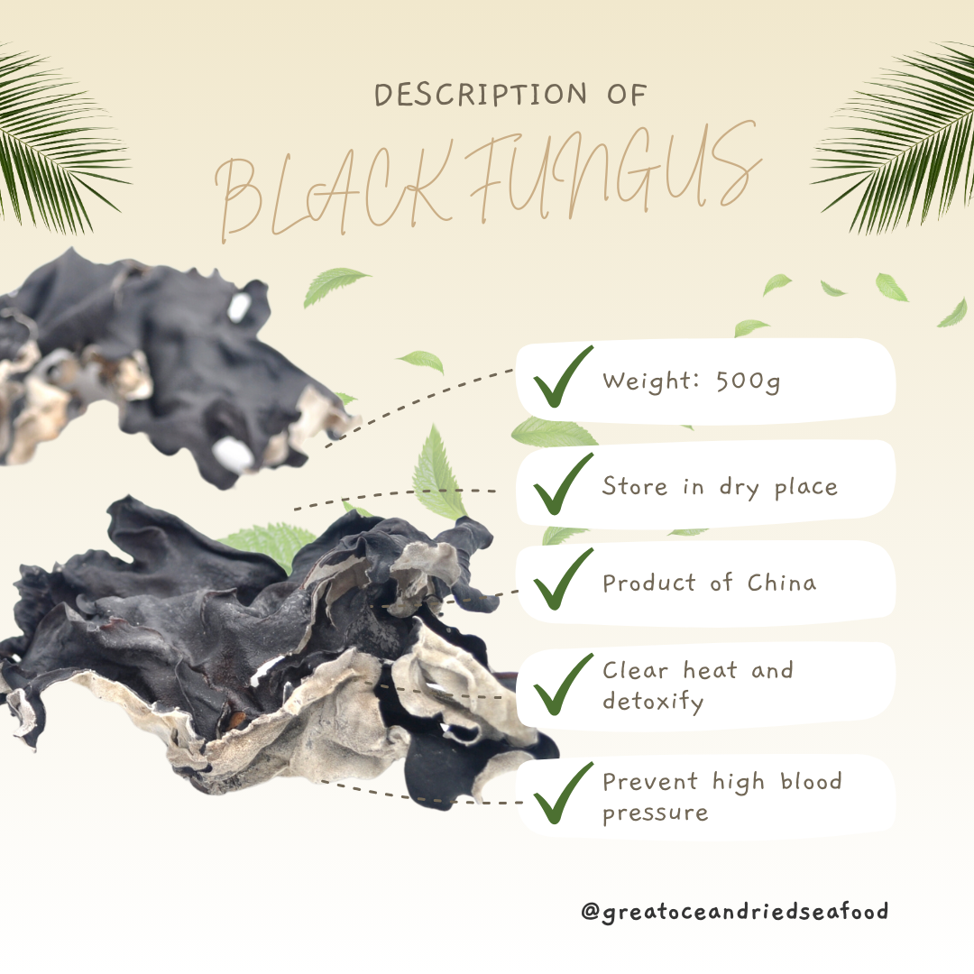 English black fungus information card with dried pieces|黑木耳英文说明图与干木耳