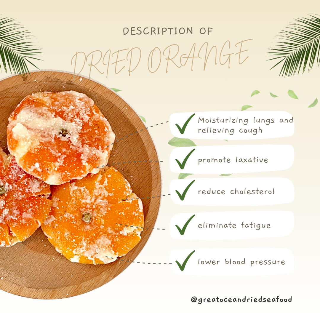 English dried orange information card with sugared orange pieces｜糖桔饼英文说明图与橘饼切块
