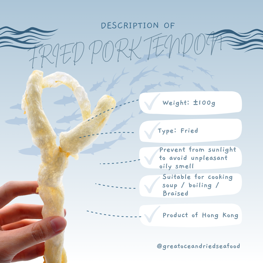 English fried pork tendon information card with a piece held in a hand|炸猪脚筋英文说明图与手持脚筋