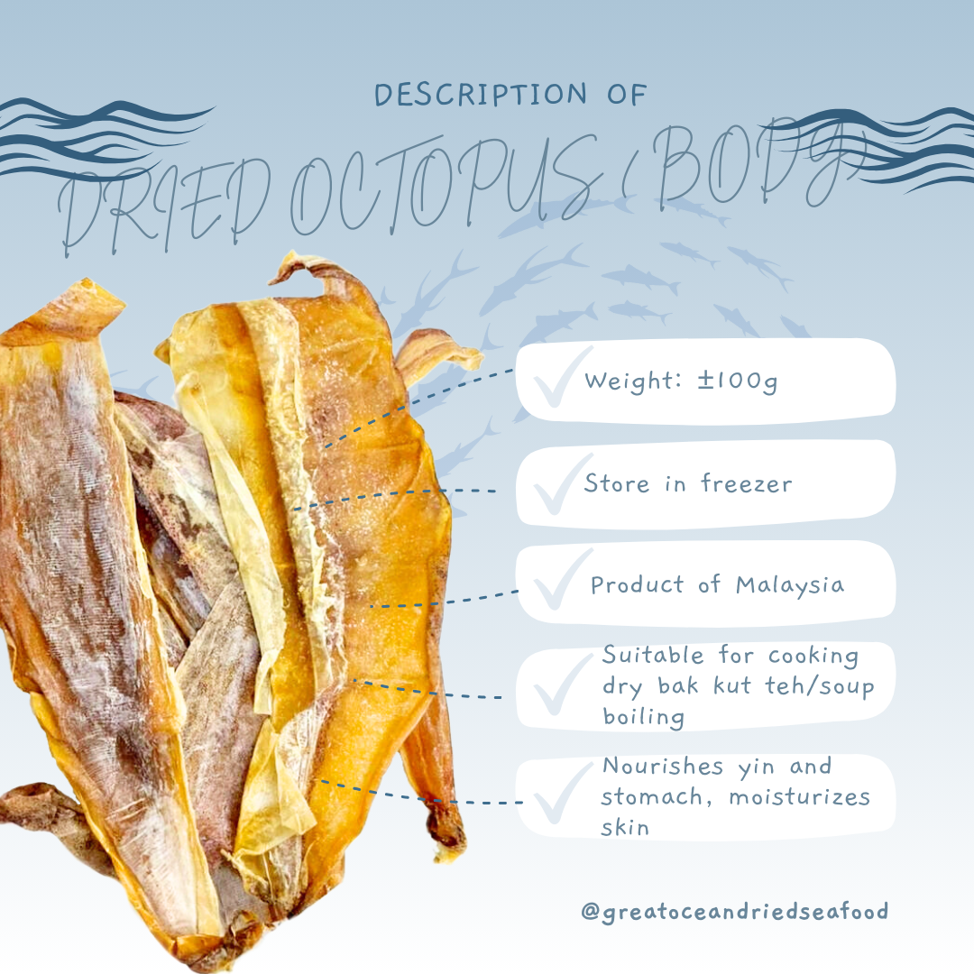 English dried octopus body information card with dried pieces｜黄鸡仑翅英文说明图与干墨鱼片