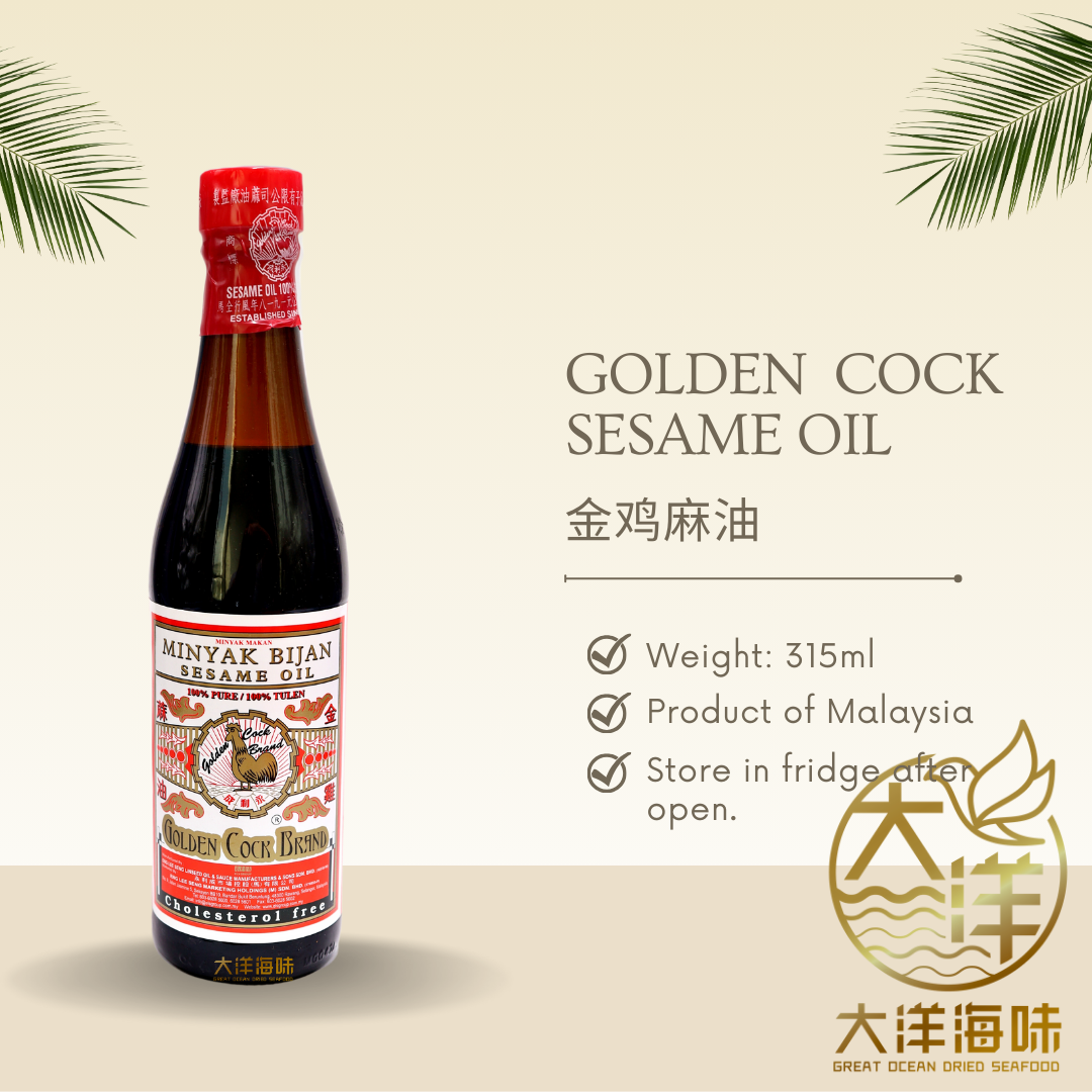 Golden Cock sesame oil product card with 315ml bottle and storage information|金鸡麻油315ml瓶装及保存说明图