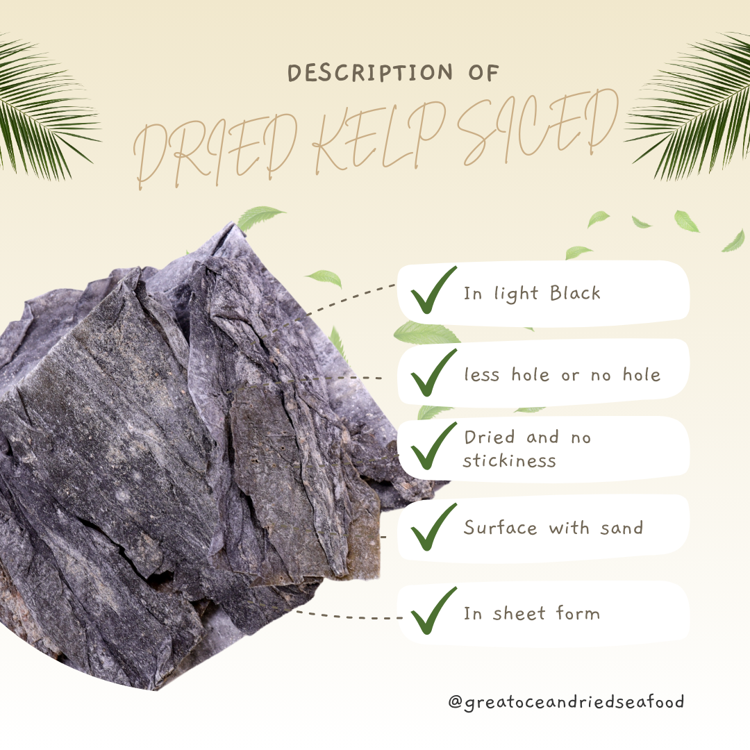 English dried kelp information card with dark kelp sheets|海带片英文说明图与深色干海带
