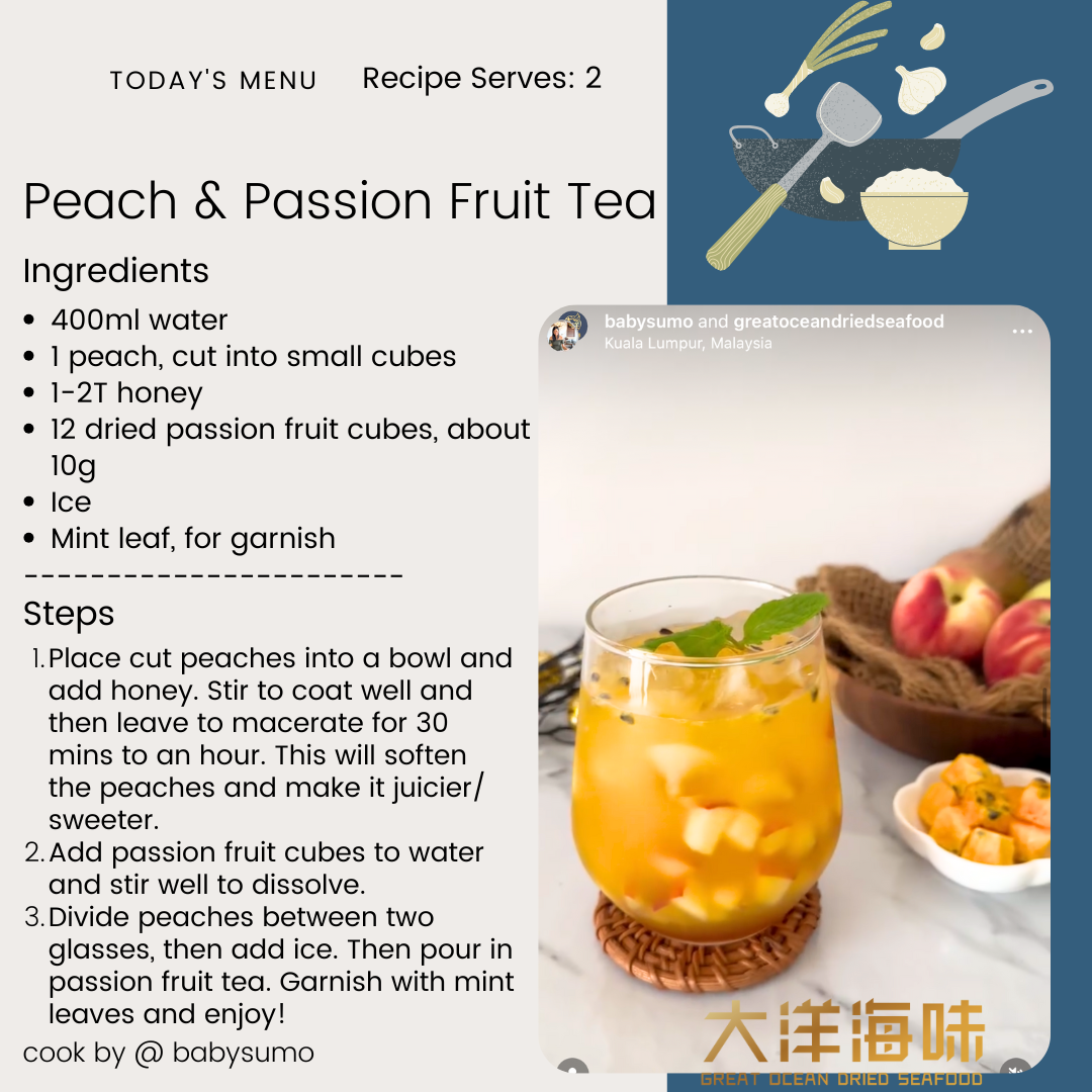 English recipe card for peach and passion fruit tea|百香果桃子茶英文食谱